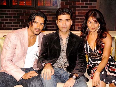 John Abraham, Bipasha Basu and Karan Johar in Coffee with Karan