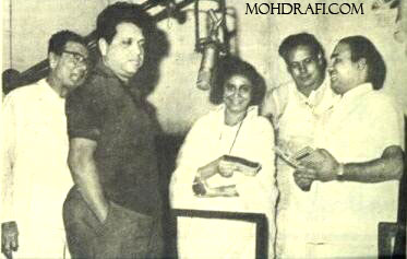 Mohd Rafi with Suman Kalyanpur, Hasrat Jaipuri, Jaikishan and Minoo Kartik during a song recording