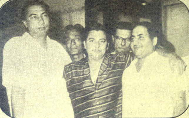 Mohd Rafi with Sahir Ludhianvi, Jaan Nisar Akhtar, Madan Mohan, Minoo Karthik during the recording of a song