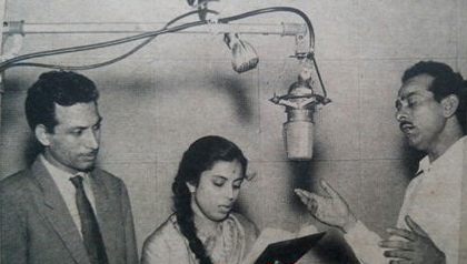 Suman Kalyanpur recording a song with others in the recording studio