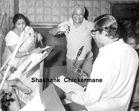 Asha Bhosale with Vasant Desai & Manohari Singh in the recording studio