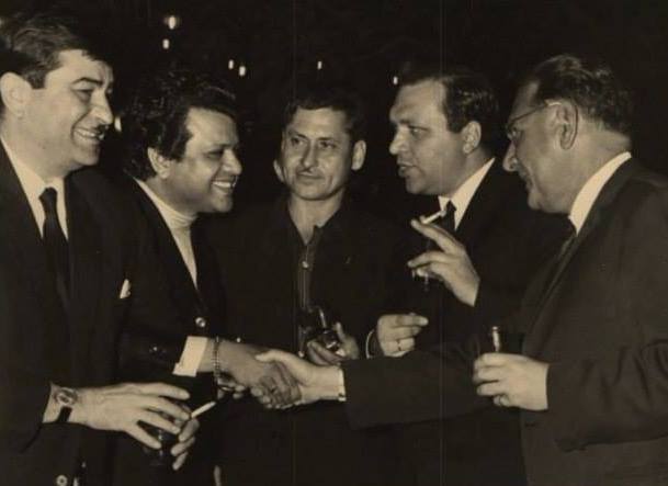 Jaikishan with Raj Kapoor & russian artists enjoying party for the film 'Mera Naam Joker'