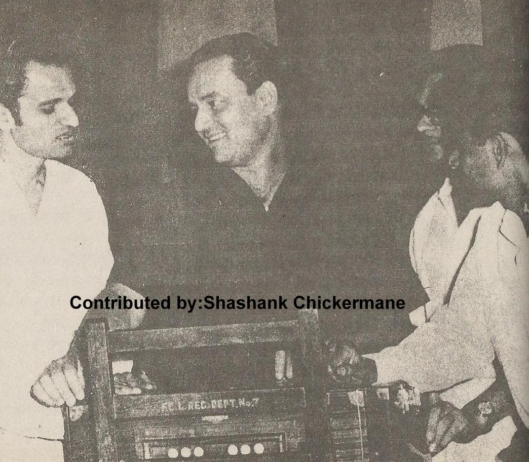 Mukesh with Kishoreda rehearsals a song with Kalyanji Anandji in the recording studio