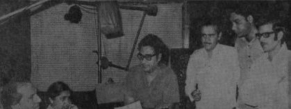 Kishoreda rehearsalling a song with Asha & music director Shankar & others in the recording studio