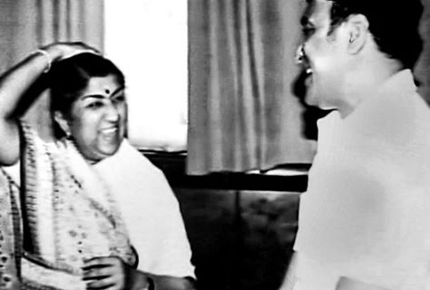 Lata discussing with Bhupendra Hazarika in the recording studio