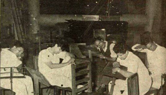 Shankar Jaikishan with Raj Kapoor, Hasrat & Shailendra taking rest in the recording studio