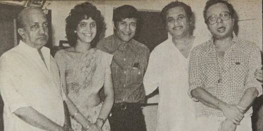 Kishoreda with RD Burman, Dev Anand, Peenaz Masani & Anjaan in the recording studio