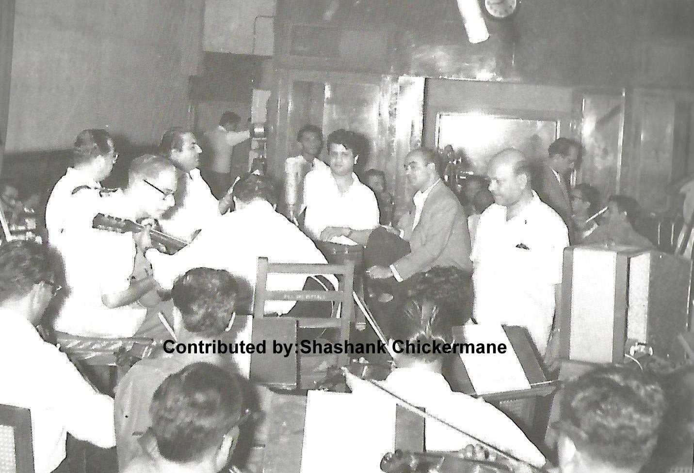 Mohd Rafi recording a song with Jaikishan, Sebastian & musicians in the recording studio