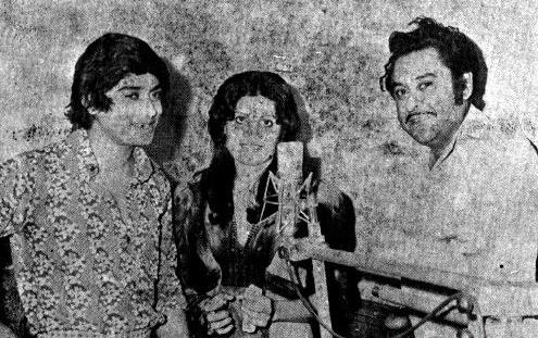 Kishoreda recording a duet song with Amit Kumar & Sulakshana Pandit in the recording studio