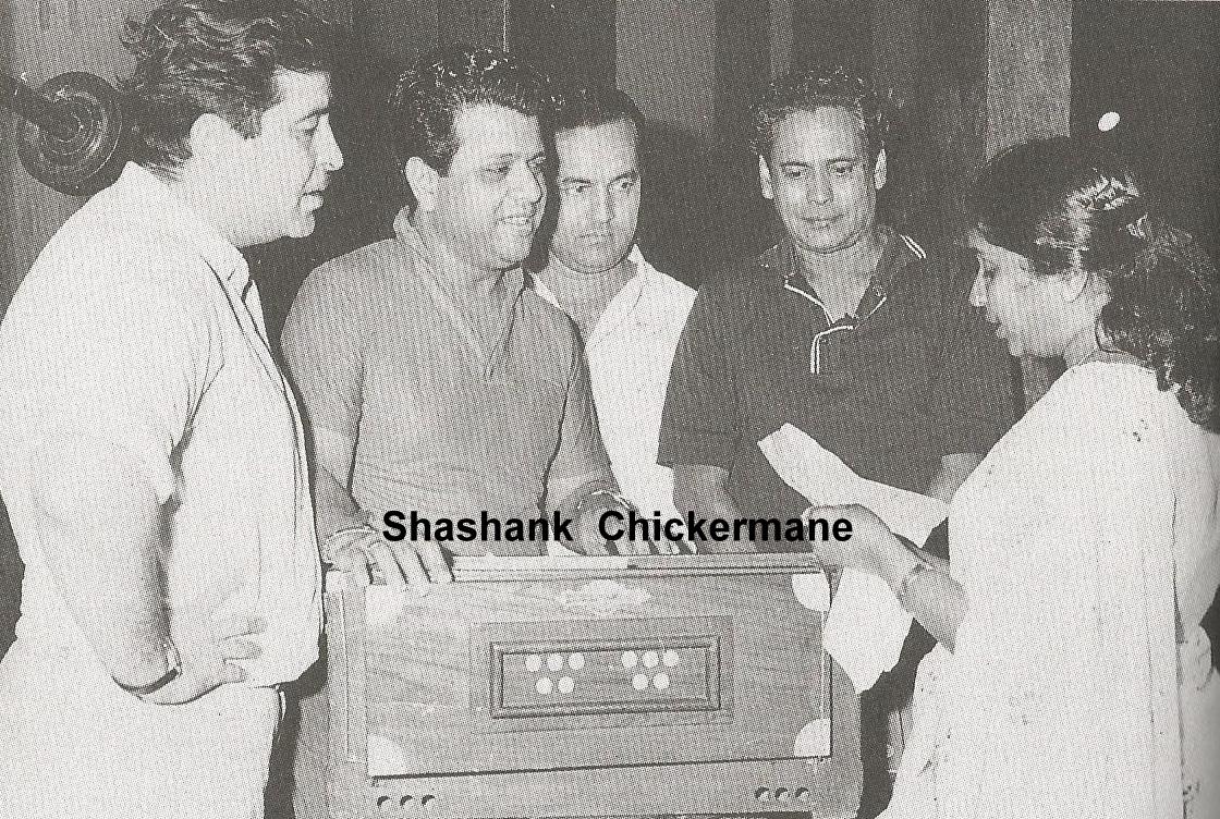 Asha rehearsals a song with Mukesh, Hasrat, Raj Kapoor & Jaikishan for the film 'Mera Naam Joker'