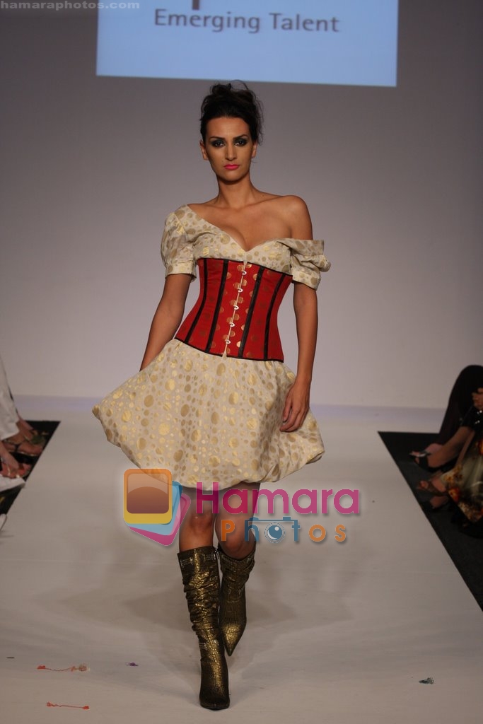 Model showcasing Splash emerging talents Luxurious line of designer collection at Dubai Fashion Week on April 11th 2008 