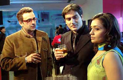 Sahil Chadha, Arbaaz Khan and Meera Vasudevan in a still from the movie Thodi Life Thoda Magic