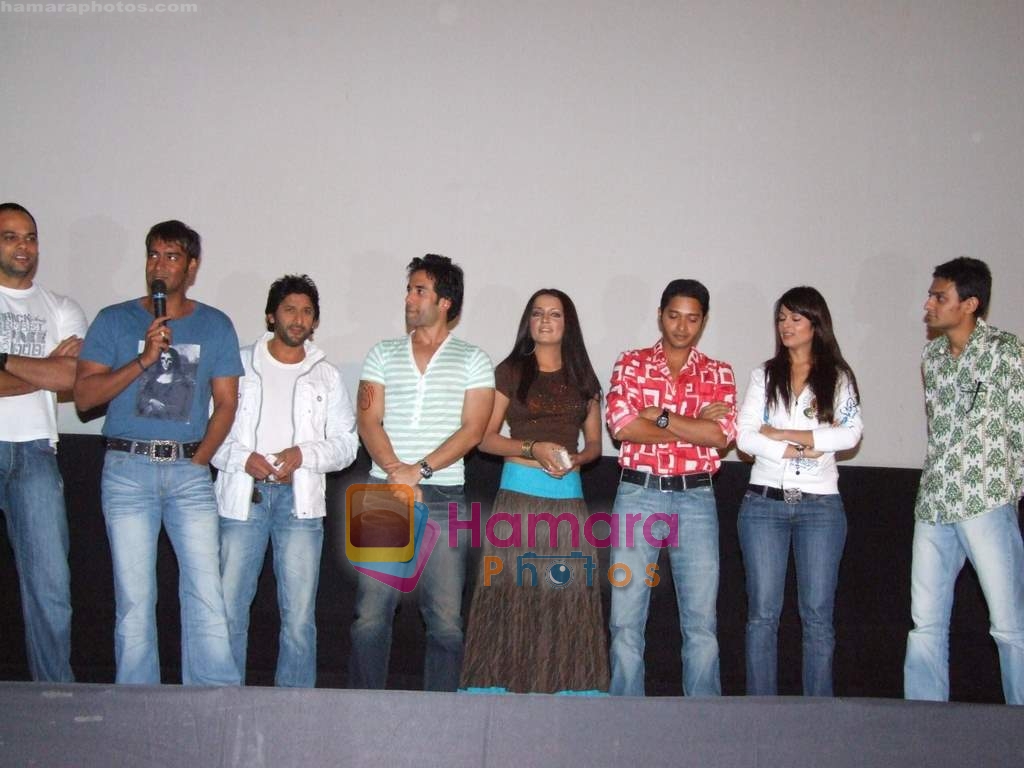 Ajay Devgan, Arshad Warsi, Tusshar Kapoor, Shreyas Talpade, Dhilin Mehta, Anjana Sukhani, Celina Shetty, Rohit Shetty at the Unveiling of Golmaal Returns in Cinemax, Versova on 13th September 