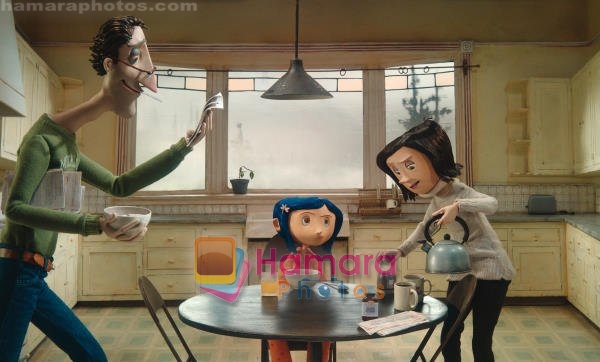 Teri Hatcher, Dakota Fanning, John Hodgman in still from the movie Coraline