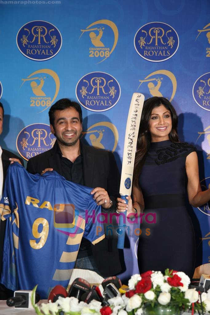 Shilpa Shetty and her business partner Raj Kundra at a meet with the champions of IPL team the Rajasthan Royals in Mumbai on 3rd Feb 2009 