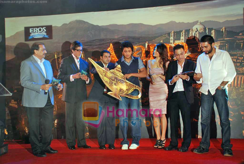 Shekhar Ravjiani, Amitabh Bachchan, Ritesh Deshmukh, Jacqueline Fernandez at Aladin film music launch on 28th Sep 2009 