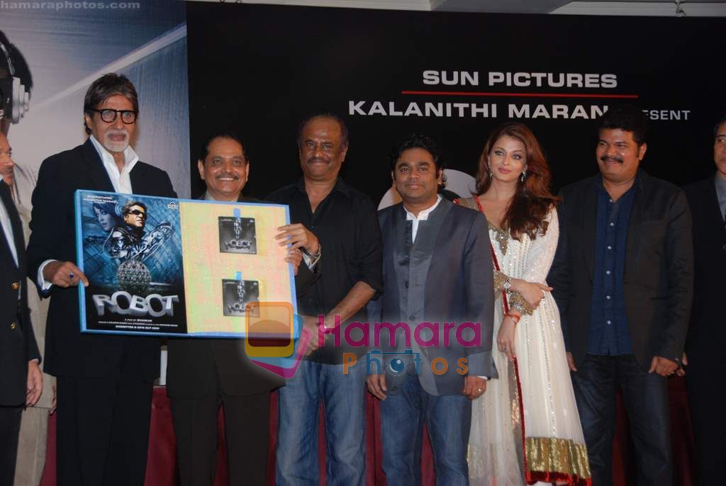 Aishwarya Rai Bachchan, Amitabh Bachchan, Rajnikanth, A R Rahman at Robot music launch in J W Marriott on 14th Aug 2010 