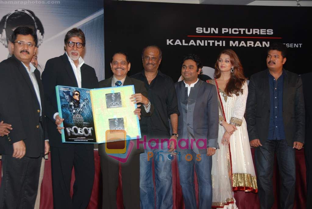 Aishwarya Rai Bachchan, Amitabh Bachchan, Rajnikanth, A R Rahman at Robot music launch in J W Marriott on 14th Aug 2010 