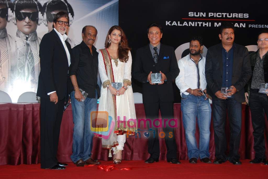 Aishwarya Rai Bachchan, Amitabh Bachchan, Rajnikanth, Resul Pookutty at Robot music launch in J W Marriott on 14th Aug 2010 