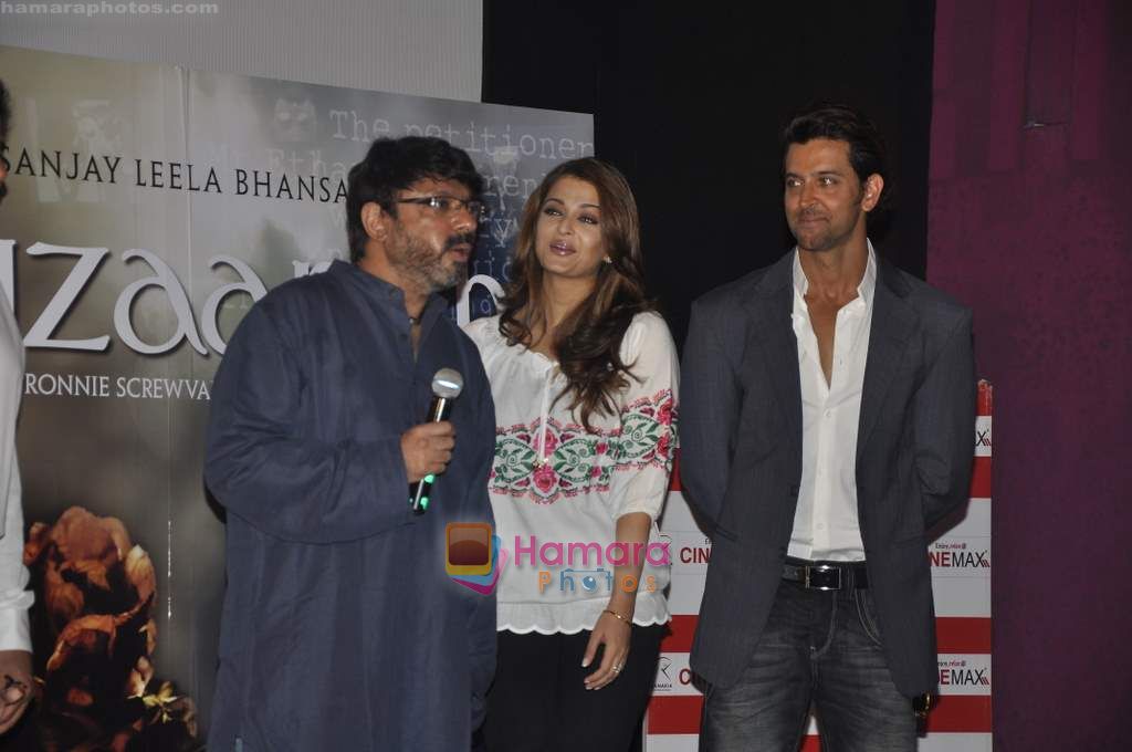 Hrithik Roshan, Aishwarya Rai Bachchan, Sanjay Leela Bhansali unveil the first look of the film Guzaarish in Cinemax on 22nd Sept 2010 