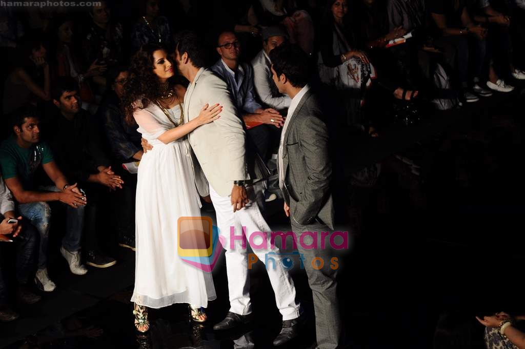 Dia Mirza, Rocky S, Zayed Khan walk the ramp for Rocky S Show at Lakme Fashion Week 2011 Day 4 in Grand Hyatt, Mumbai on 14th March 2011 