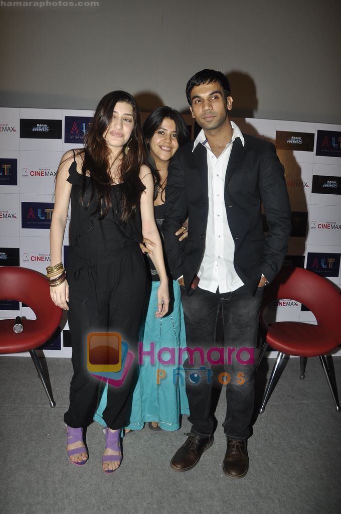 Kainaz Motivala, Ekta Kapoor, Raj Kumar Yadav at The first look launch of Ragini MMS in Cinemax, Mumbai on 6th April 2011 