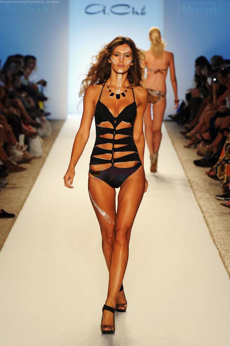 A model walks the runway at the A.Che show during Mercedes-Benz Fashion Week Swim 2012 at The Raleigh on July 16, 2011 in Miami Beach, Florida