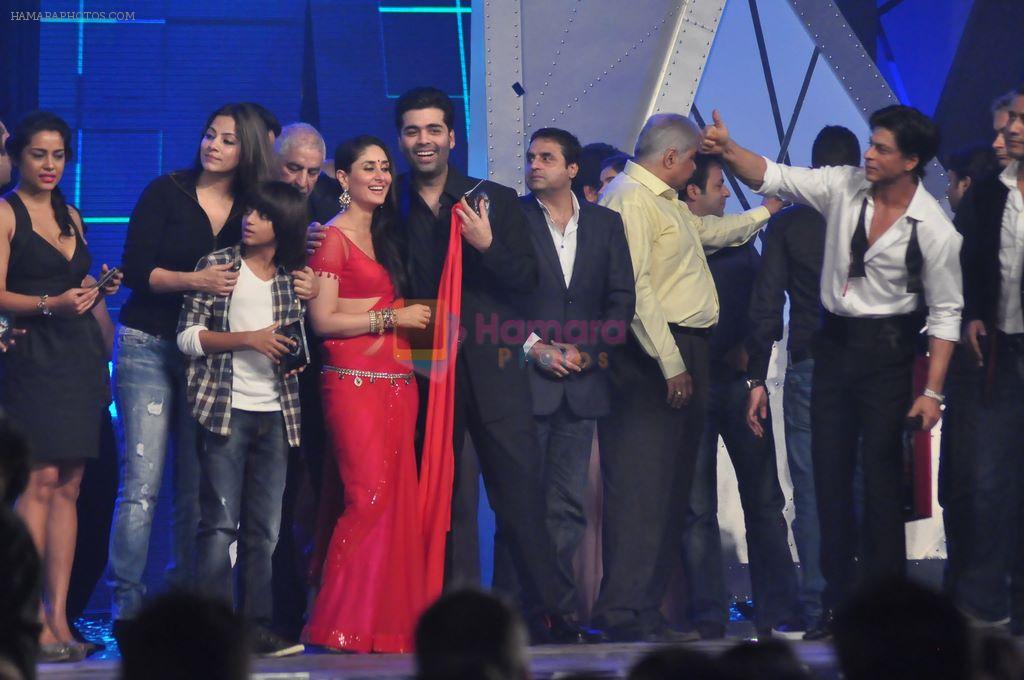 Dalip Tahil, Kareena Kapoor, Arjun Rampal, Karan Johar, Sunil A. Lulla, Satish Shah, Bhushan Kumar, Shahrukh Khan, Anubhav Sinha at the audio release of Ra.One in Filmcity, Mumbai on 12th Sept 2011