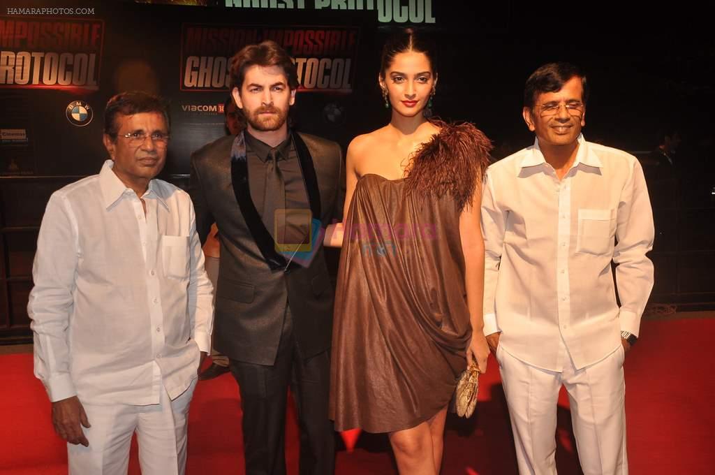 Abbas Mastan, Sonam Kapoor, Neil Mukesh at the special screening of Mission Impossible - Ghost Protocol in Imax on 4th Dec 2011