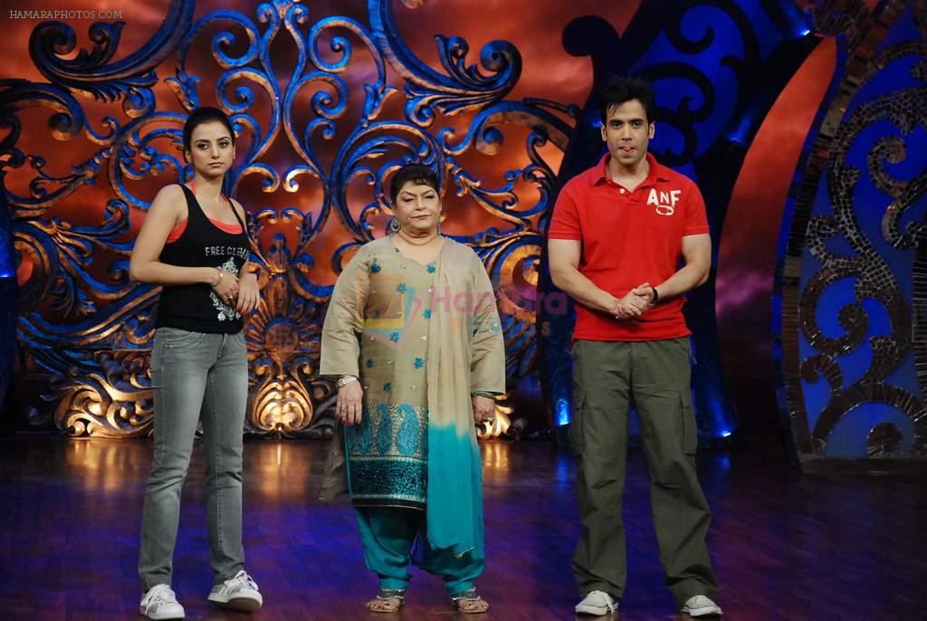 Tusshar Kapoor, Kulraj Randhawa, Saroj Khan on the sets of Saroj Khan's Dance Show on 13th Dec 2011