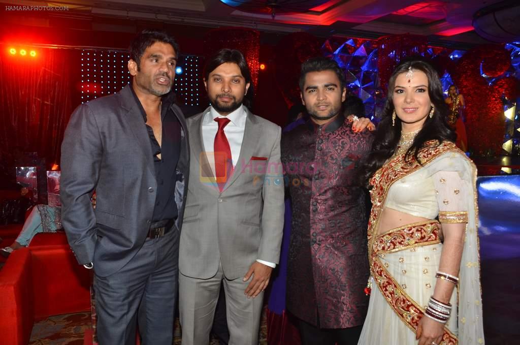 Sunil Shetty, Urvashi Sharma, Sachin Joshi at Sachin Joshi's wedding reception with Urvashi Sharma in J W Marriott, Mumbai on 2nd March 2012