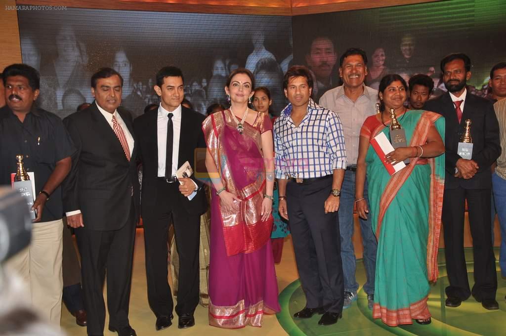 Aamir Khan, Sachin Tendulkar, Nita Ambani, Mukesh Ambani at CNN IBN Heroes Awards in Grand Hyatt, Mumbai on 24th March 2012