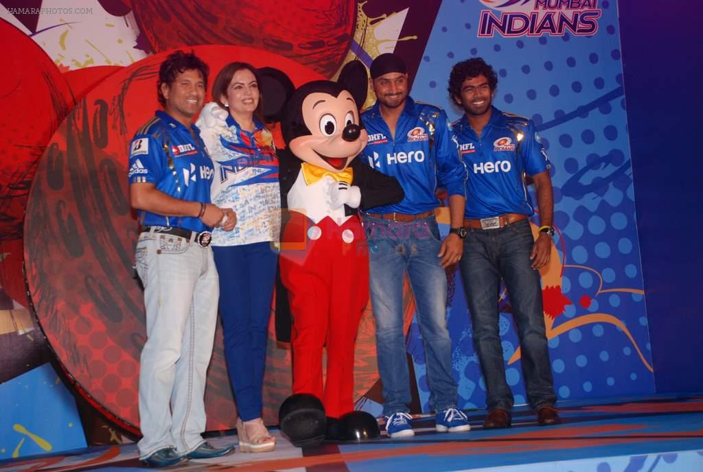 Sachin Tendulkar, Nita Ambani, Harbhajan Singh at Mumbai Indians Mickey merchandise launch in Trident, Mumbai on 5th April 2012