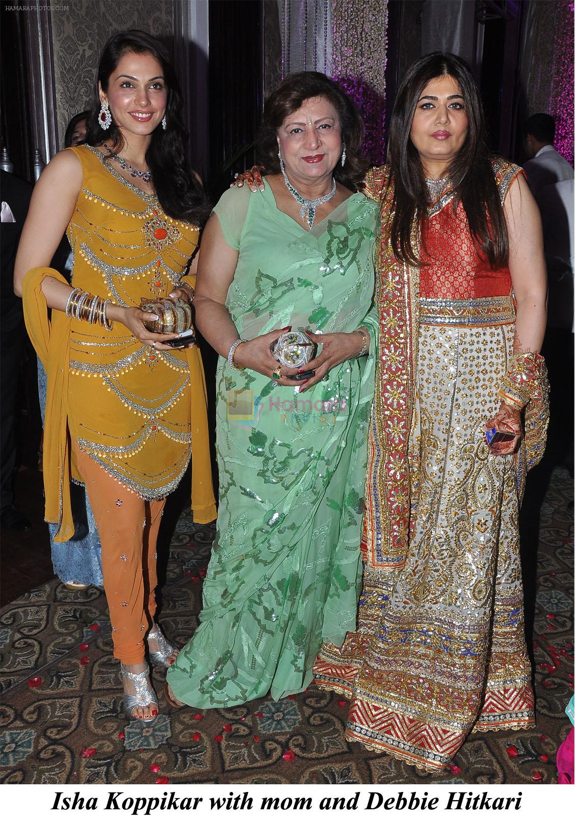Isha Koppikar with mom and Debbie Hitkari at the Engagement ceremony of Arjun Hitkari with Gayatri on 19th April 2012