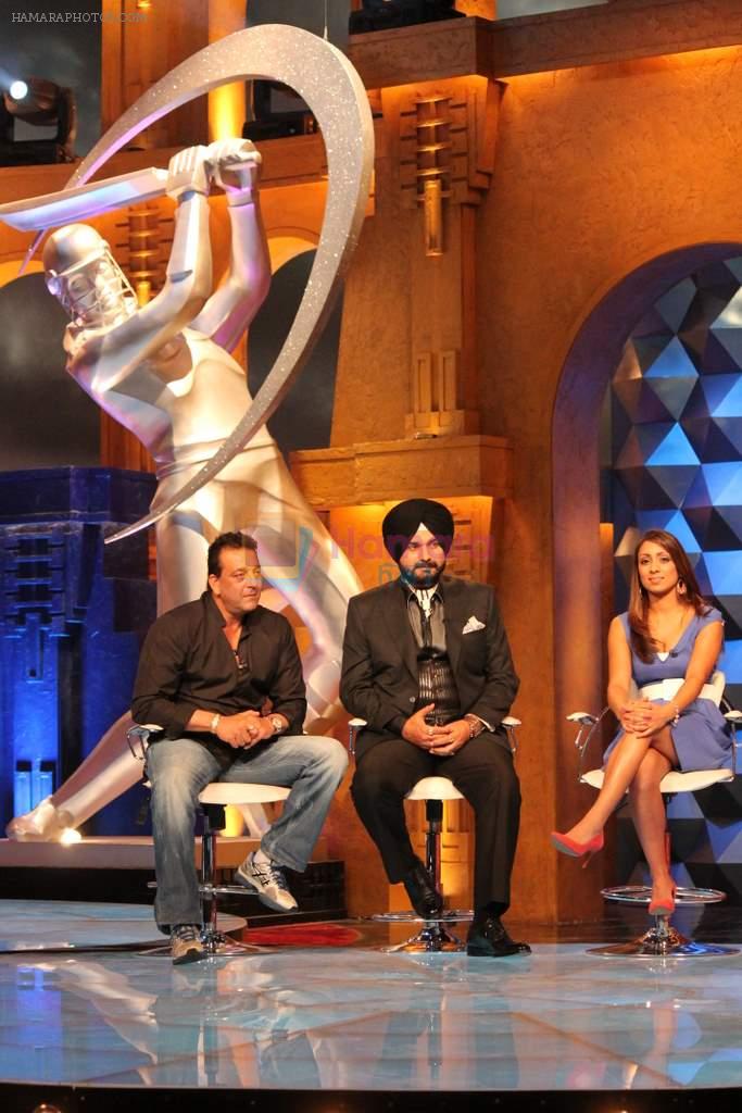 Sanjay Dutt, Navjot Singh Sidhu, Isa Guha on the sets of Extra Innings in R K Studios on 12th May 2012