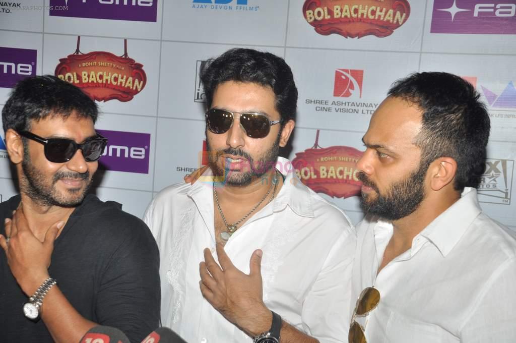 Abhishek Bachchan, Ajay Devgan, Rohit Shetty at Bol Bachchan promotions in Fame on 6th July 2012
