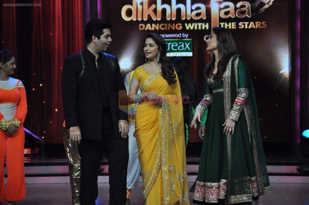 Kareena Kapoor, Madhuri Dixit, Karan Johar on the sets of Jhalak Dikhhla Jaa in Filmistan, Mumbai on 11th Sept 2012