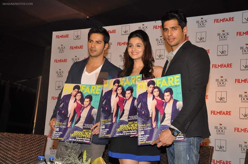 Varun Dhawan, Alia Bhatt, Sidharth Malhotra at Student Of The Year team launches Filmfare's latest issue in Vie Lounge on 11th Oct 2012
