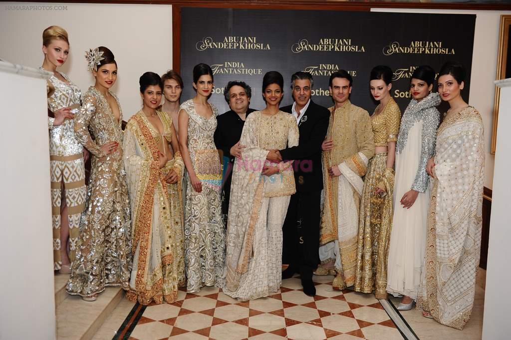 Abu Jani and Sandeep Khosla with Models at the event SOTHEBY's PRESENTS INDIA FANTASTIQUE in The Imperial, New Delhi on 31st Jan 2013