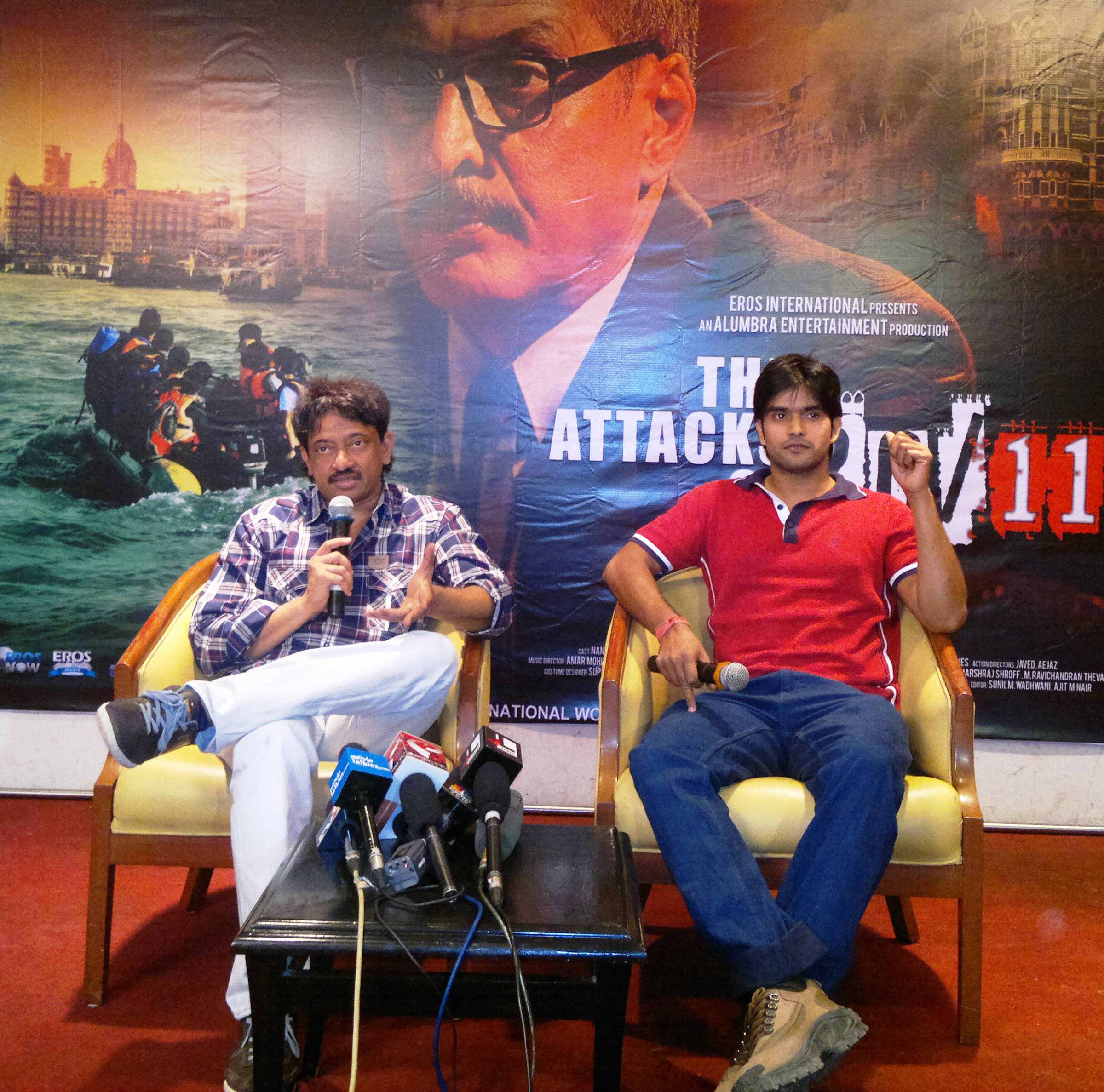 Ram Gopal Varma and Sanjeev Jaiswal at a PC for The Attacks of 26-11 to introduce Sanjeev to the media