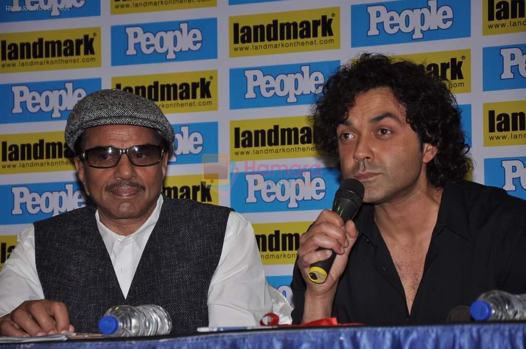 Bobby Deol, Dharmendra at People magazine April 2013 cover launch in Landmark, Mumbai on 15th April 2013