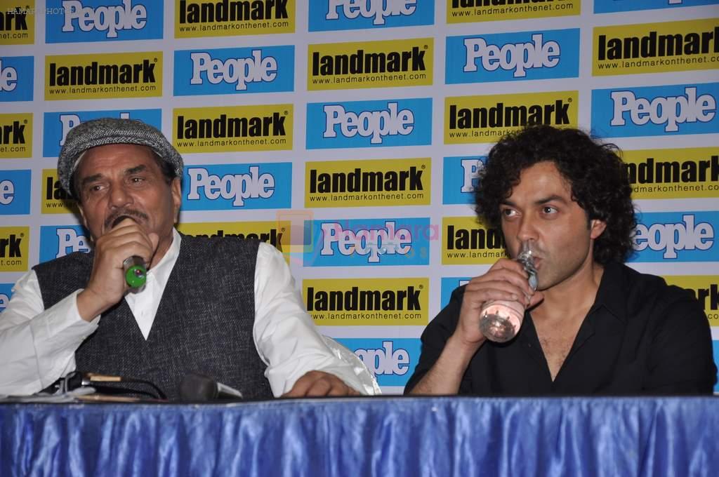 Bobby Deol, Dharmendra at People magazine April 2013 cover launch in Landmark, Mumbai on 15th April 2013
