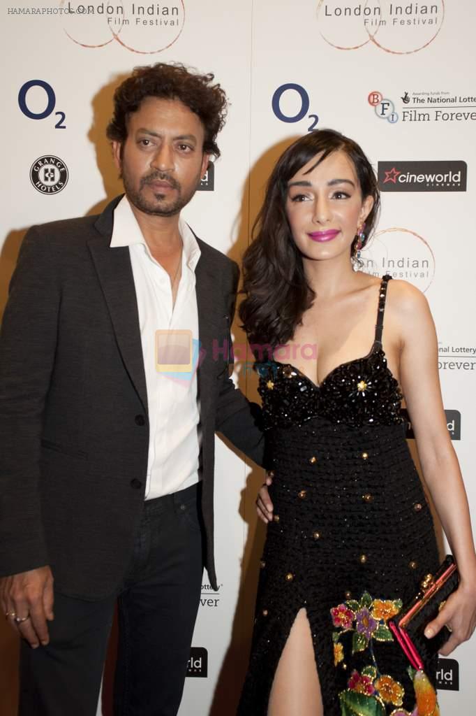 Actress and LIFF Brand Ambassador Feryna Wazheir with Irrfan Khan at gala opening of London Indian Film Festival. Credit - Photos by www.saiphotography.com
