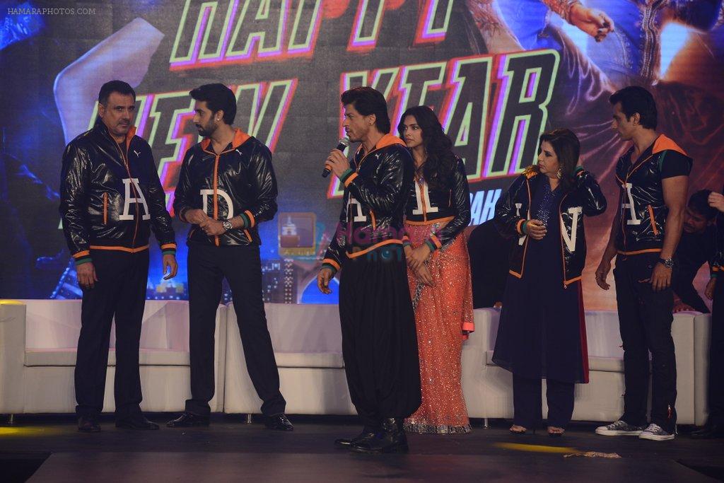 Jackie, Abhishek Bachchan, Deepika Padukone, Shahrukh, Farah Khan, Boman Irani, Sonu Sood, Vivaan, Vishal,Shekhar at the Trailer launch of Happy New Year in Mumbai on 14th Aug 2014