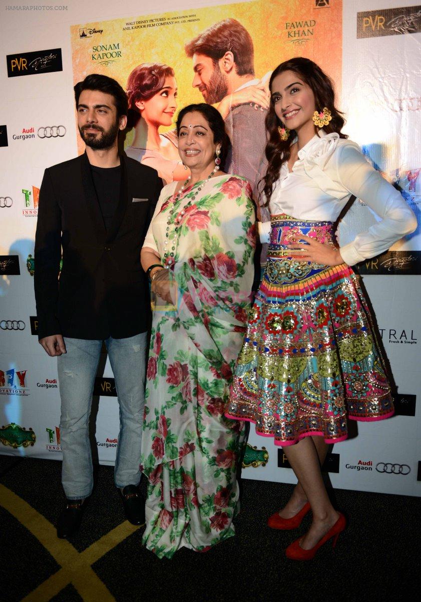 Fawad Khan, Kirron Kher, Sonam Kapoor  in Manish Arora dress  at Khoobsurat promotions at Vasant Kunj, Delhi on 15th Sept 2014