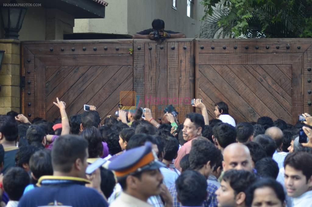 Amitabh Bachchan waves to his fans outside his residence in Juhu, Mumbai on 21st Sept 2014