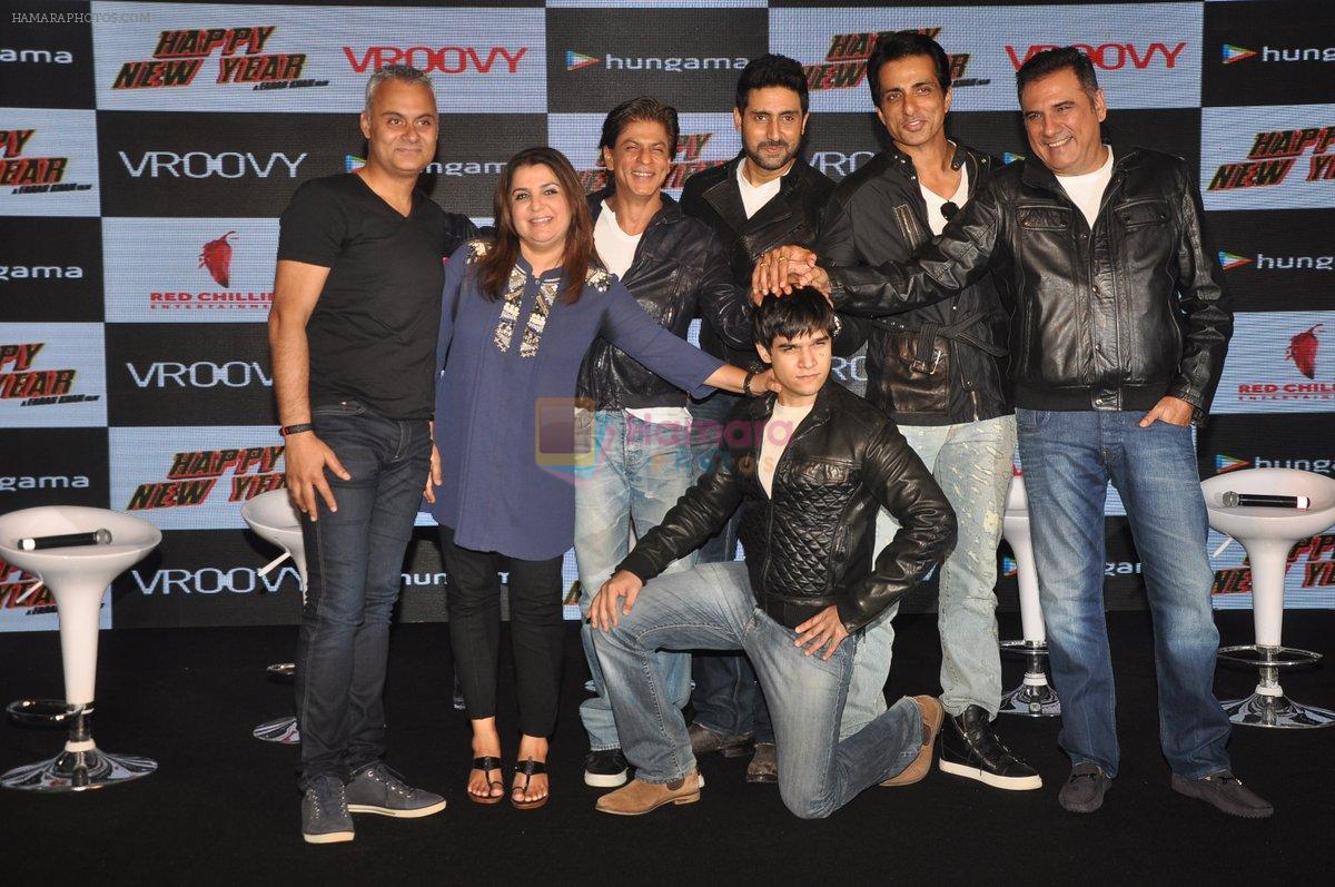 Neeraj Roy, Farah Khan, Shah Rukh Khan, Abhishek Bachchan, Vivaan Shah, Sonu Sood, Boman Irani at Happy New Year game launch by Hungama in Taj Land's End, Mumbai on 27th Oct 2014