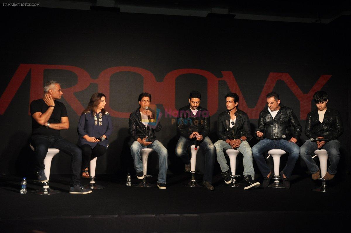 Neeraj Roy, Farah Khan, Shah Rukh Khan, Abhishek Bachchan, Vivaan Shah, Sonu Sood, Boman Irani at Happy New Year game launch by Hungama in Taj Land's End, Mumbai on 27th Oct 2014