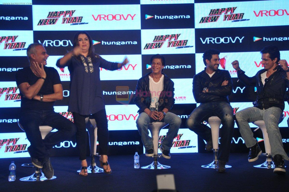 Neeraj Roy, Farah Khan, Shah Rukh Khan, Abhishek Bachchan, Vivaan Shah, Sonu Sood at Happy New Year game launch by Hungama in Taj Land's End, Mumbai on 27th Oct 2014