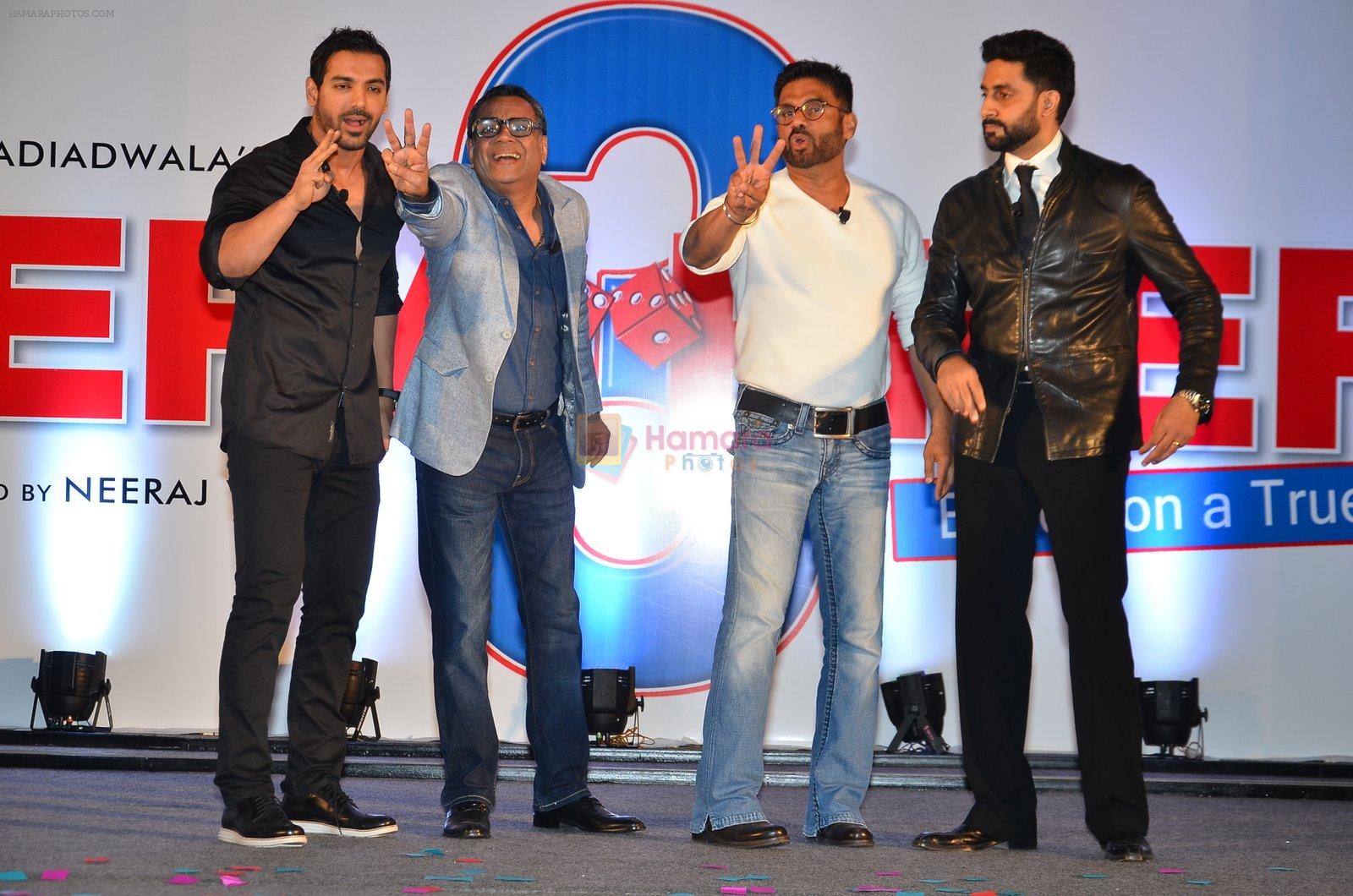 John Abraham, Abhishek Bachchan, Sunil Shetty, Paresh Rawal at Phir Hera Pheri launch in J W Marriott, Mumbai on 12th Jan 2015
